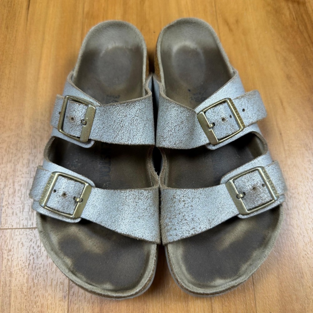 Birkenstock Arizona Silver Metallic Cracked Leather Sandals Womens 36 L5 M4